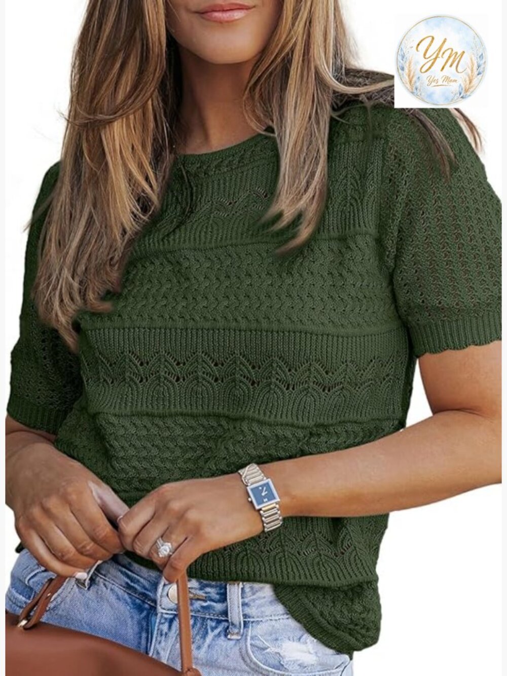 Short Sleeve Crochet Knit Hollow Out Pullover Sweater Top